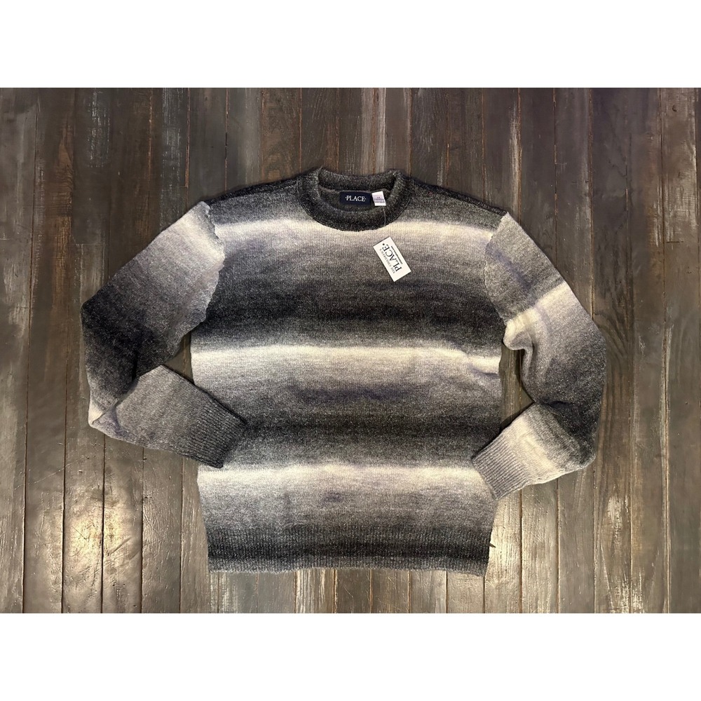 The Childrens Place Boys Ombre Striped Crew Neck Sweater Black Grey White NWT